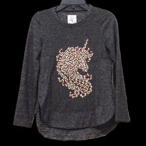 Color Tree Grey Sweater with Sequin Unicorn Red Green and White Girl’s Medium
